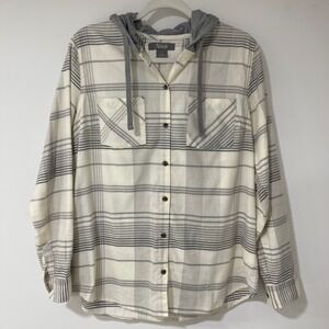 Natural Reflections Hooded Plaid Flannel‎ Shirt Mens M Cream Grey Button Up